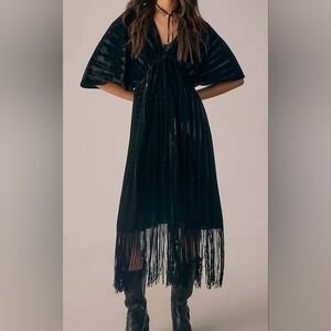 Anthropologie Dark Green Velvet Long Fringed Kimono